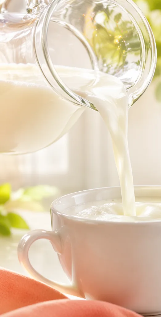 Milk being poured from a glass jug into a white cup
