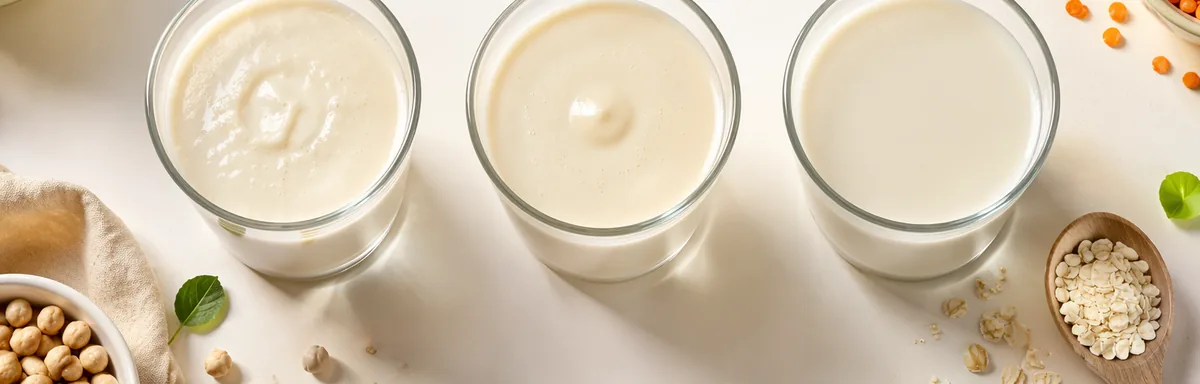 Three glasses of plant-based protein drink bases of different thickness, with chickpeas and oat flakes